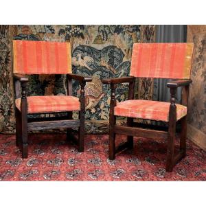 Pair Of Armchairs, Renaissance Style - Louis XIII In Waxed Wood, 19th Century
