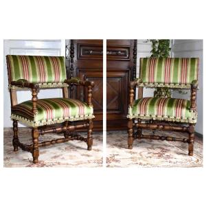 Pair Of Louis XIII Style Armchairs. Walnut, Baluster Legs.