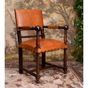Fauteuil De Style Louis XIII, Chaise à Bras XIXe, Noyer, Cuir Pour Utilisation Siège De Bureau