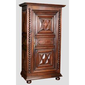 Louis XIII Bonnetiere Cupboard In Walnut, Diamond Points, Twisted Columns, Single-door Cupboard