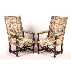 Pair Of Louis XIII Louis XIV Style High Flat Back Sheep Bone Armchairs