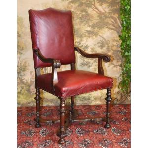 Fauteuil De Bureau Haut Dossier Plat En Cuir Rouge Bordeaux, Style Louis XIV - Régence , XIXe