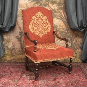 Large Louis XIII - Louis XIV Armchair With High Flat Back And Baluster Legs, Early 18th Century