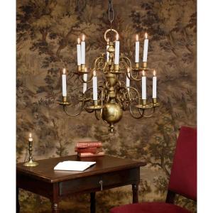 Dutch Chandelier In Bronze And Brass With 12 Light Arms On 2 Levels, Candle Lighting