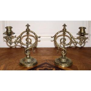 Pair Of Bronze Candlesticks With One Fire, 2 Candlesticks With 2 Arms Of Lights , XIXth Century
