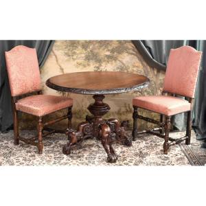Central Table, Carved Oak, Fantastical Chimera Animals, Pedestal Table In 19th Century Renaissance Style