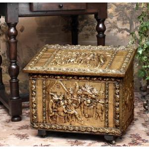 Repoussé Brass Chest, Humorous Village Scene Decor, Tavern And Bowling Game