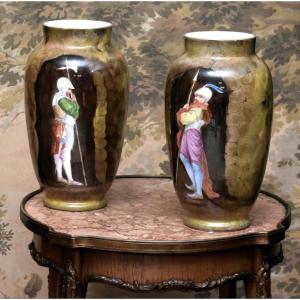 Pair Of Opaline Glass Vases Decorated With Renaissance Soldiers, Lance And Halberd