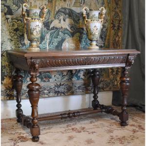 Renaissance Style Console, Oak Desk, Writing Table, Middle Table, Living Room, 19th Century
