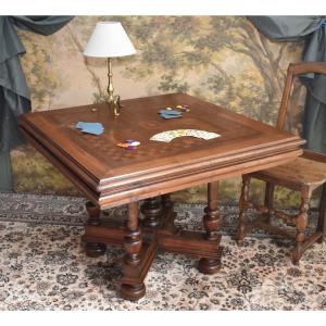 Square Renaissance - Louis XIII Style Oak And Marquetry Table, Pedestal Table, Game Table