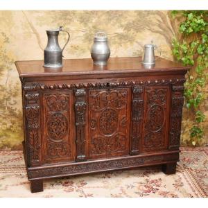 Renaissance-style Oak Chest, Decorated With Pilasters, Scrolls, Feathers And Gadroons , 19th Century