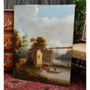 Painting Mountain, Landscape Lake, Animated Scene Lake, Aqueduct , Fishermen, Washerwoman, Boat