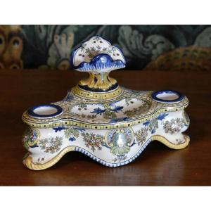 Antoine Montagnon, Large Nevers Earthenware Two-cup Inkwell And Penholder
