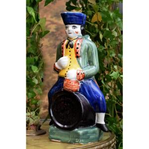 Anthropomorphic Pitcher, Jacquot Pot, Man Sitting On A Barrel, Rodingote And Tricorn, 19th Century