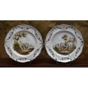 Pair Of Decorative Plates In Langeais Earthenware, After D. Teniers , Rural Scenes