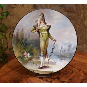 Eugenie Faux, Large Decorative Hand-painted Earthenware Dish, Man In Directoire 19th Century
