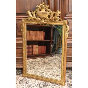 Louis XVI Style Gilded Wood Pediment Mirror, Early 20th Century