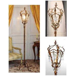 Grand Lampadaire En Fer Forgé, Pampilles, Lanterne De Parquet, Lampe Sur Pied Peint Vieil Or.