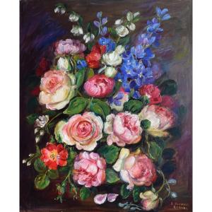Painting Bouquet Of Various Flowers, Oil On Canvas Signed S. Clavaud, Still Life Painting