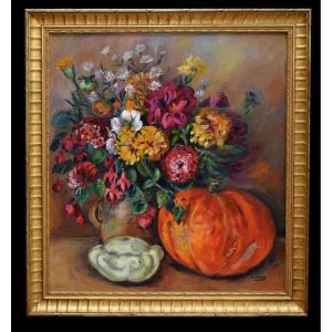 Painting Entitled "still Life With Pumpkin And Flowers" By S. Clavaud-robert, Golden Frame