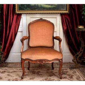 Louis XV Period Large Armchair, Flat Back, 18th Century Velvet Fabric