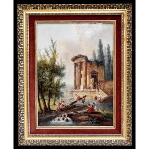 Animated Ruin Landscape, Antique Decor. Late 19th Century, In The Taste Of Hubert Robert