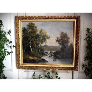 C. Lion (19th Century). Painting: Lakeside Landscape, Riverbank. Framed Oil On Canvas, Fisherman