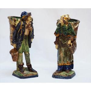 Eugene Ladreyt, Pair Of Statuettes, Terracotta Figures, Peasant Man And Peasant Woman, 19th Century 