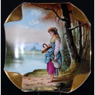 Plate Porcelain Of Limoges Painted Hand. Décor Jeune Paysanne To The Basket.