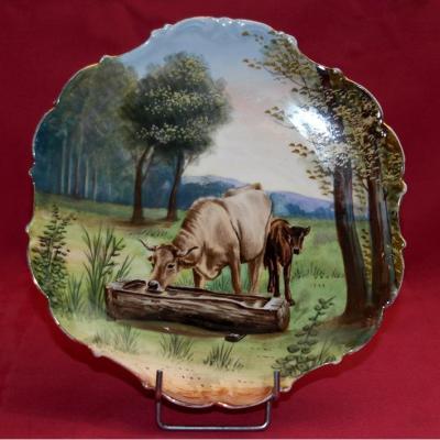 Plate Of Limoges Decor Cow And His Calf To The Drinker.
