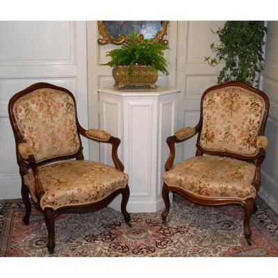 Pair Of Louis XV Style Armchairs, XIX Eme, Mahogany.