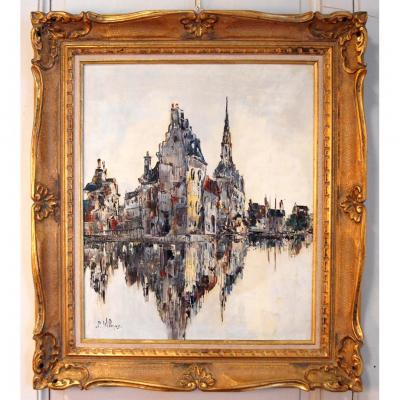 P. Wilnay Monuments Reflecting In Water. Landscape Painting Framed.