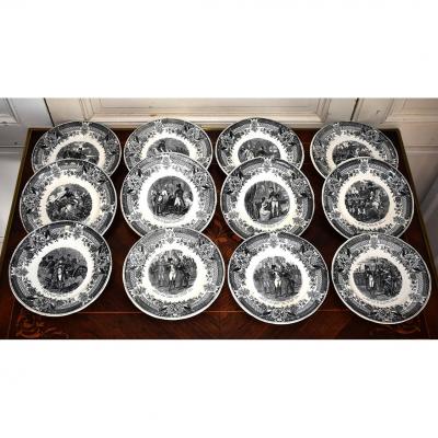 Sarreguemines Late Nineteenth. Series Of Talking Plates In Grisaille, Theme Napoleon.