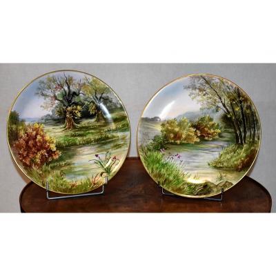 P. Pastaud. Pair Of Great Plates Porcelain Limoges, Entirely Hand Painted.