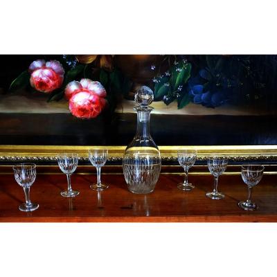 Liquor Service, Glasses And Carafe In Chiseled Crystal.