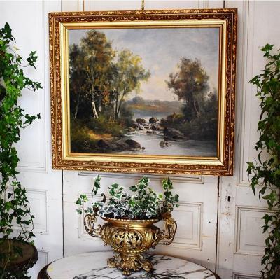 C. Lion (nineteenth). River Edge Landscape Painting. Oil On Canvas Framed.