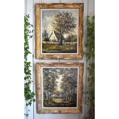 Robert Mogisse . Pair Of Paintings, Landscape Under Wood, Oil On Canvas Framed.