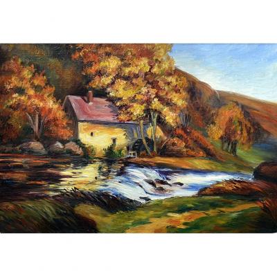 S. Clavaud, Oil On Canvas, Landscape, Mill On Riverside.