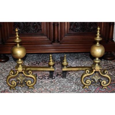 Great Pair Of Nineteenth Andirons, Louis XIV Style, Brass.