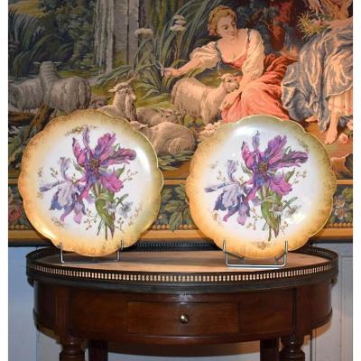 Pair Of Large Decorative Dishes In Limoges Porcelain Hand Painted Floral Decor, Late XIXth