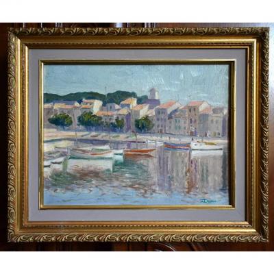 A.deroo, Oil Painting On Panel, Marine Painting Of A Small Mediterranean Port.