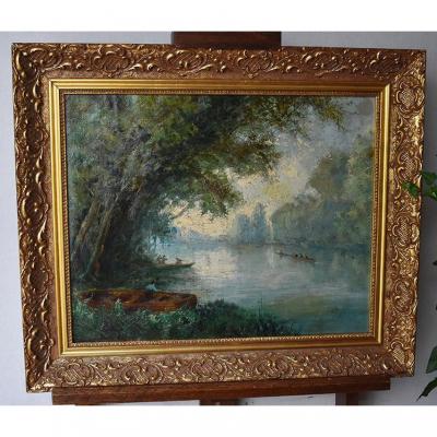 Animated Landscape, Riverside Painting With Boats And Fishermen. XIX.