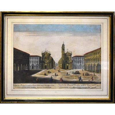 Optical View Of Saint Charles Square And The Porte Neuve In Turin. 18th Century Engraving.