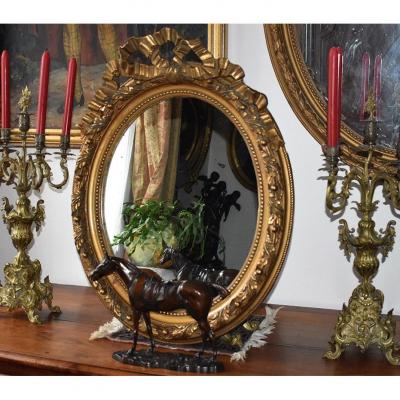 Oval Mirror In Stucco And Golden Wood, Oval Ice Louis XVI Style, Napoleon III Period