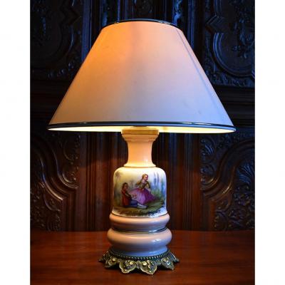 Lamp Base In Limoges Porcelain, Hand Painted, Bouquet Decor And Gallant Scene, XIXth.