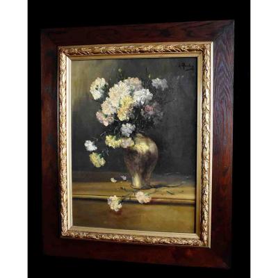 Grande Peinture Encadrée d' Alfred Rouby (1849-1909), Tableau Bouquet De Fleurs Sur Entablement