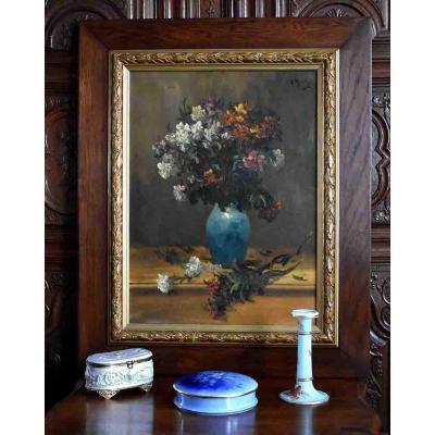 Large Framed Painting Of Alfred Rouby (1849-1909), Table Bouquet Of Flowers On A Table.