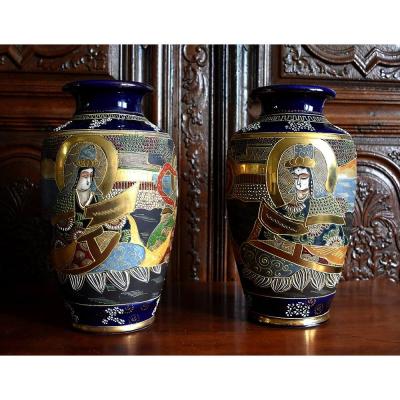 Pair Of Vases In Earthenware From Satsuma Characters On Blue Background, Japan, Late Nineteenth.