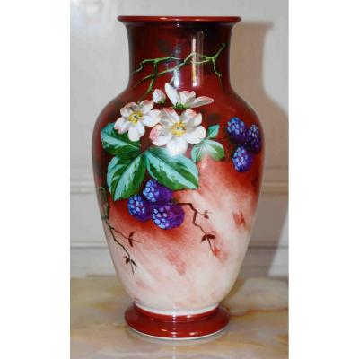 Painted And Enameled Opaline Vase, Decorated With Forest Fruits, Blackberries And Flowers.