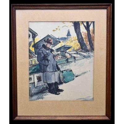 Claude Bils (1884-1968) Framed Watercolor, Bookstore On The Quays Of The Seine In Paris.